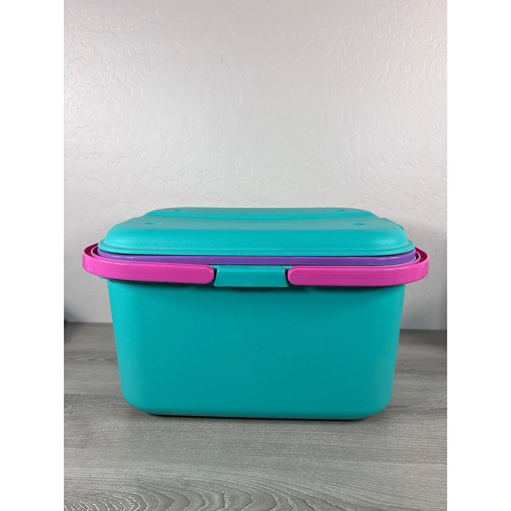 Vintage Eagle Plastic Picnic Basket Craft Storage Box Teal Pink Purple 90s USA